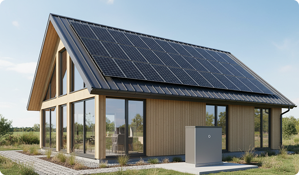 Timber home with rooftop solar and a home battery beside the wall