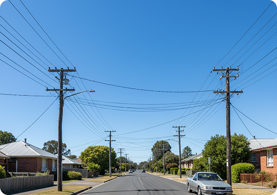 Suburban street in Blackmans Bay with power lines and homes
