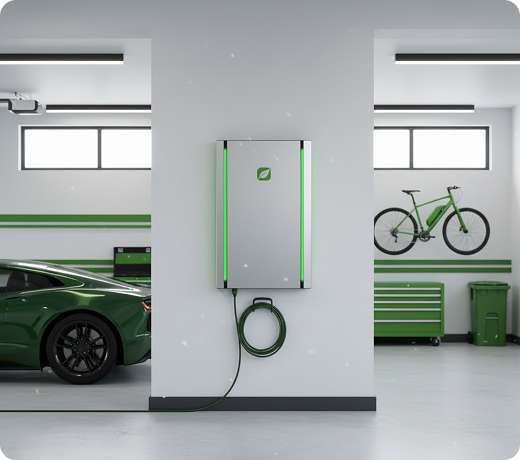 Home battery mounted in a garage beside an electric car and a wall-mounted bicycle