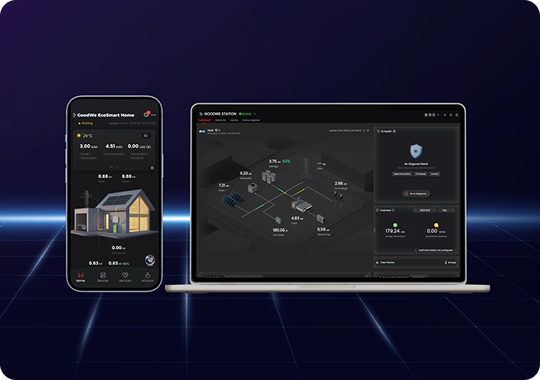 Phone and laptop showing a home energy dashboard with solar, battery, and grid flows