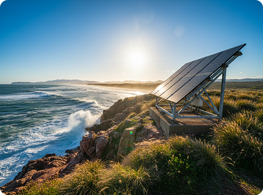 Ground-mounted solar array on a grassy coastal cliff above breaking waves