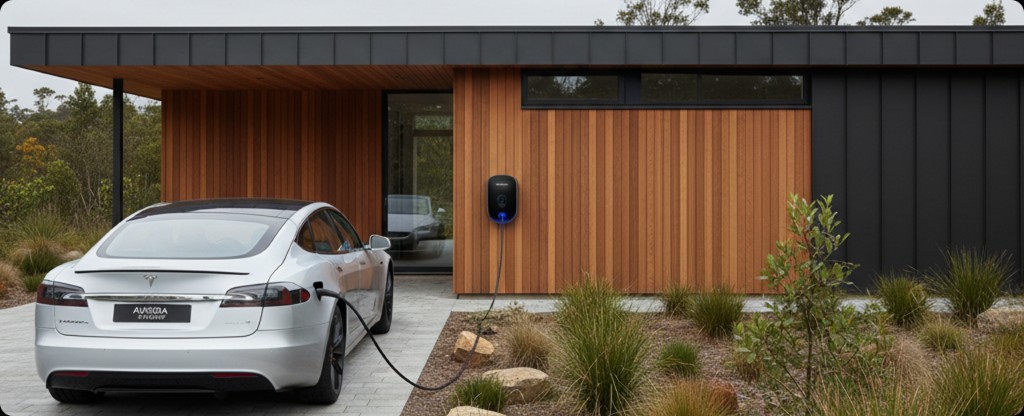 Silver Tesla charging from a wall unit on a timber and black home