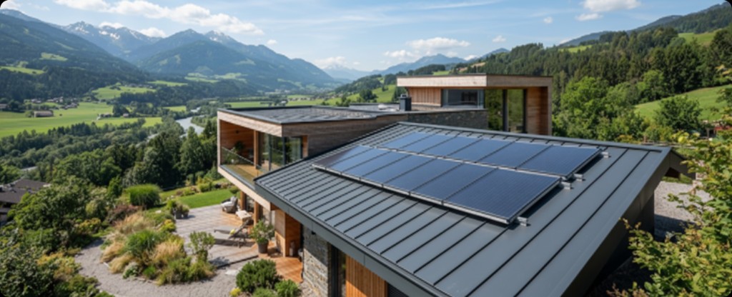 Solar panels on a modern home overlooking a green mountain valley