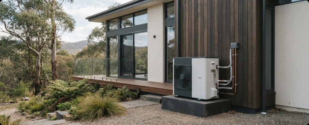 Heat pump hot water unit beside a timber home and deck