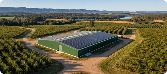 Solar array on a packing shed surrounded by orchard rows in the Huon Valley