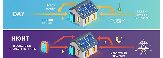 Day and night solar plus battery flow, storing excess by day and discharging through peak hours at night