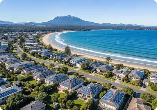 Kingston Beach homes with rooftop solar and kunanyi / Mount Wellington across the water