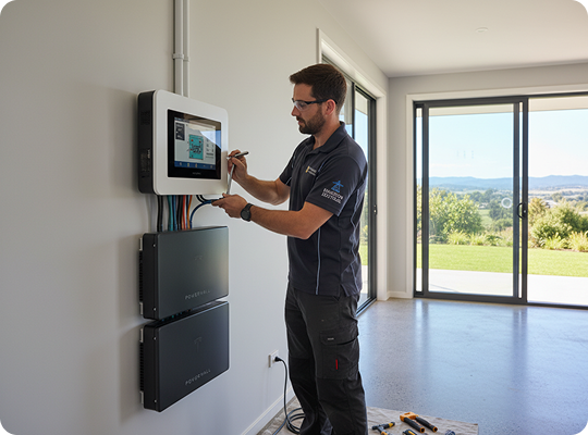 Technician configuring a wall-mounted solar inverter and battery stack