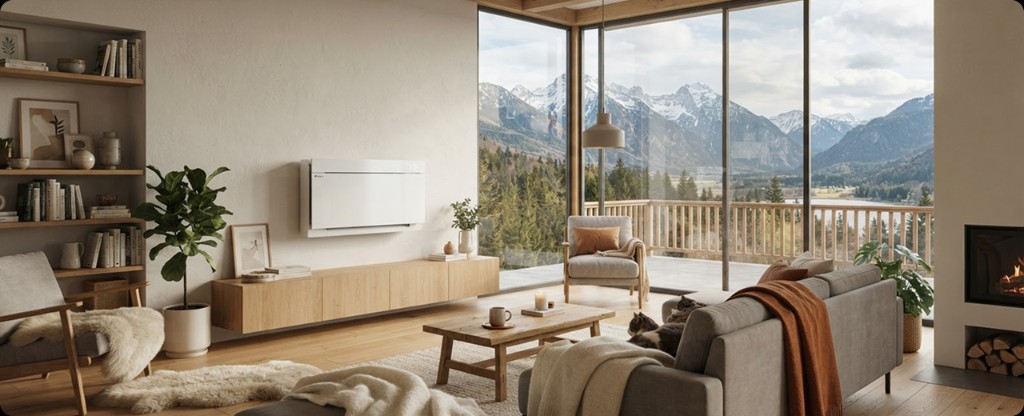 Living room with mountain views, a wall-mounted heat pump, and a fireplace