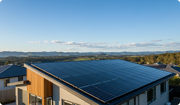 Rooftop solar panels on a Tasmanian home overlooking hills