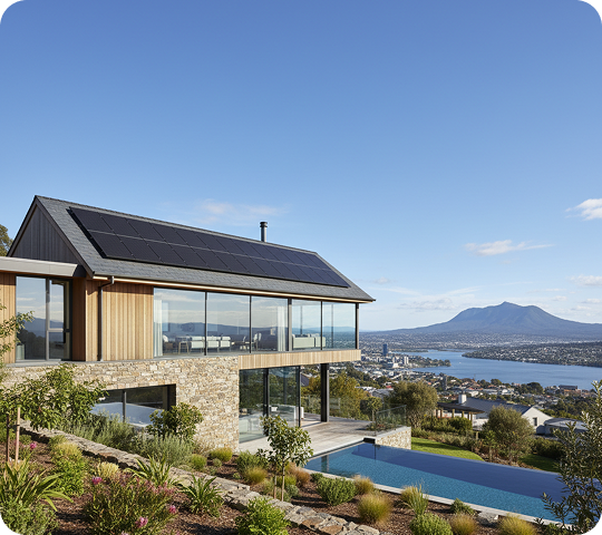 House with rooftop solar panels overlooking water