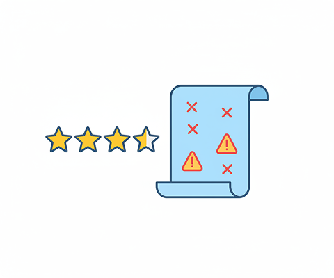 Customer reviews beside a checklist of warnings