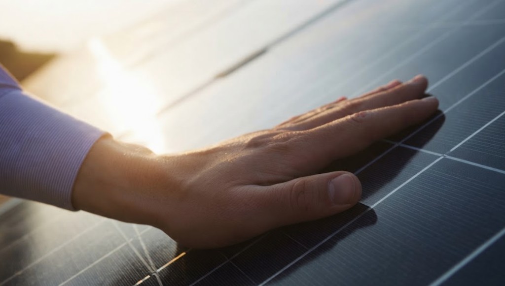 Hand resting on a solar panel in sunlight